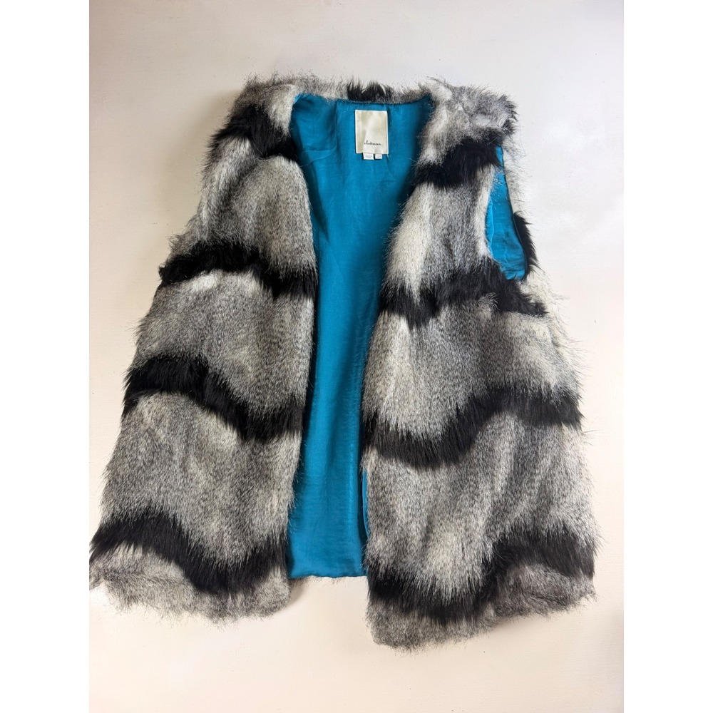 Elevenses Faux Fur Vest Women Large Grey Black Striped Boho Glam Teal Lined